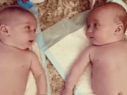 Babypraat: tweeling kletst voor het eerst met elkaar tweeling kletst voor het eerst